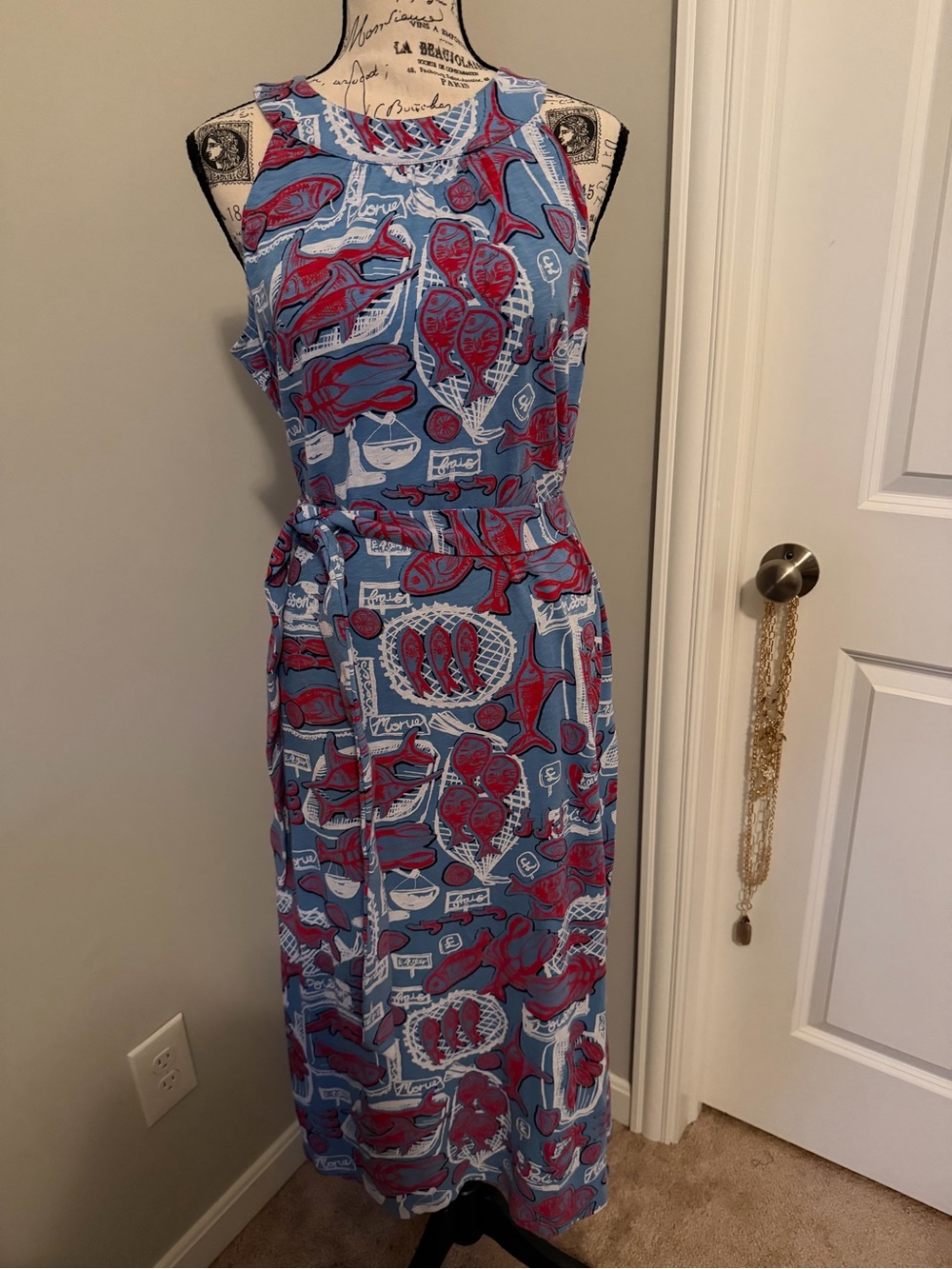 Talbots Blue & Red Printed Sleeveless Midi Dress size S